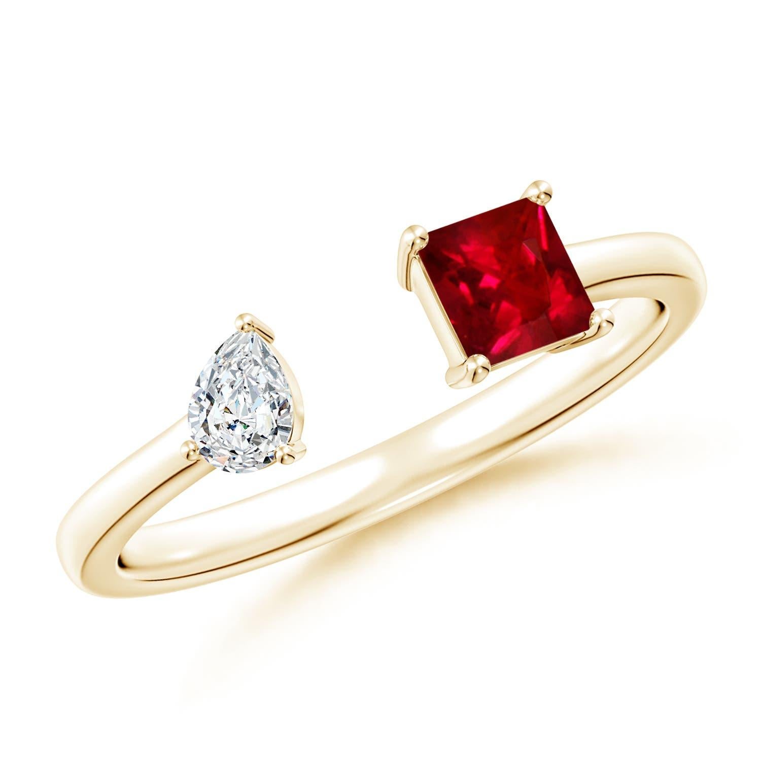 Angara Natural Zwei-Stein-Quadrat Rubin & Birne Diamant offener Ring in 14K massivem Gold im Angebot 1