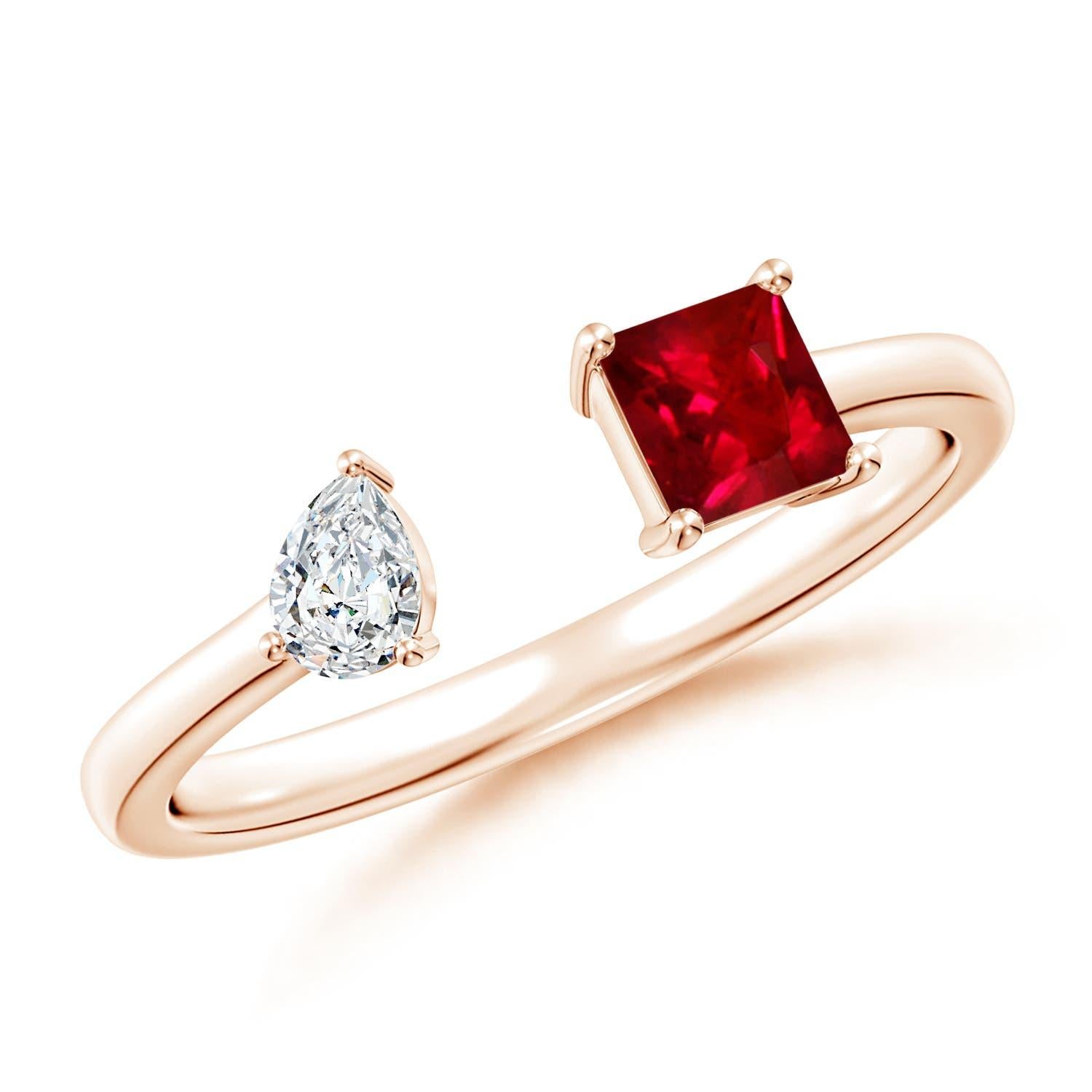 Angara Natural Zwei-Stein-Quadrat Rubin & Birne Diamant offener Ring in 14K massivem Gold im Angebot 2