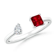 Angara Natural Two-Stone Square Ruby & Pear Diamond Open Ring in 14K Solid Gold