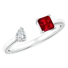 Angara Natural Zwei-Stein-Quadrat Rubin & Birne Diamant offener Ring in 14K massivem Gold