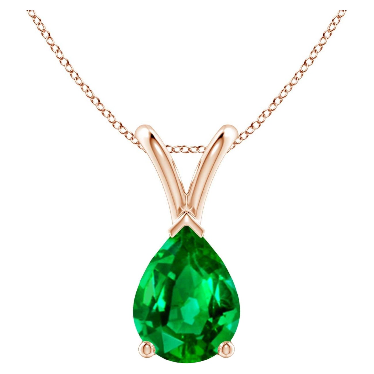 Colgante solitario de esmeralda natural en forma de pera en V de Angara en oro rosa de 14 quilates