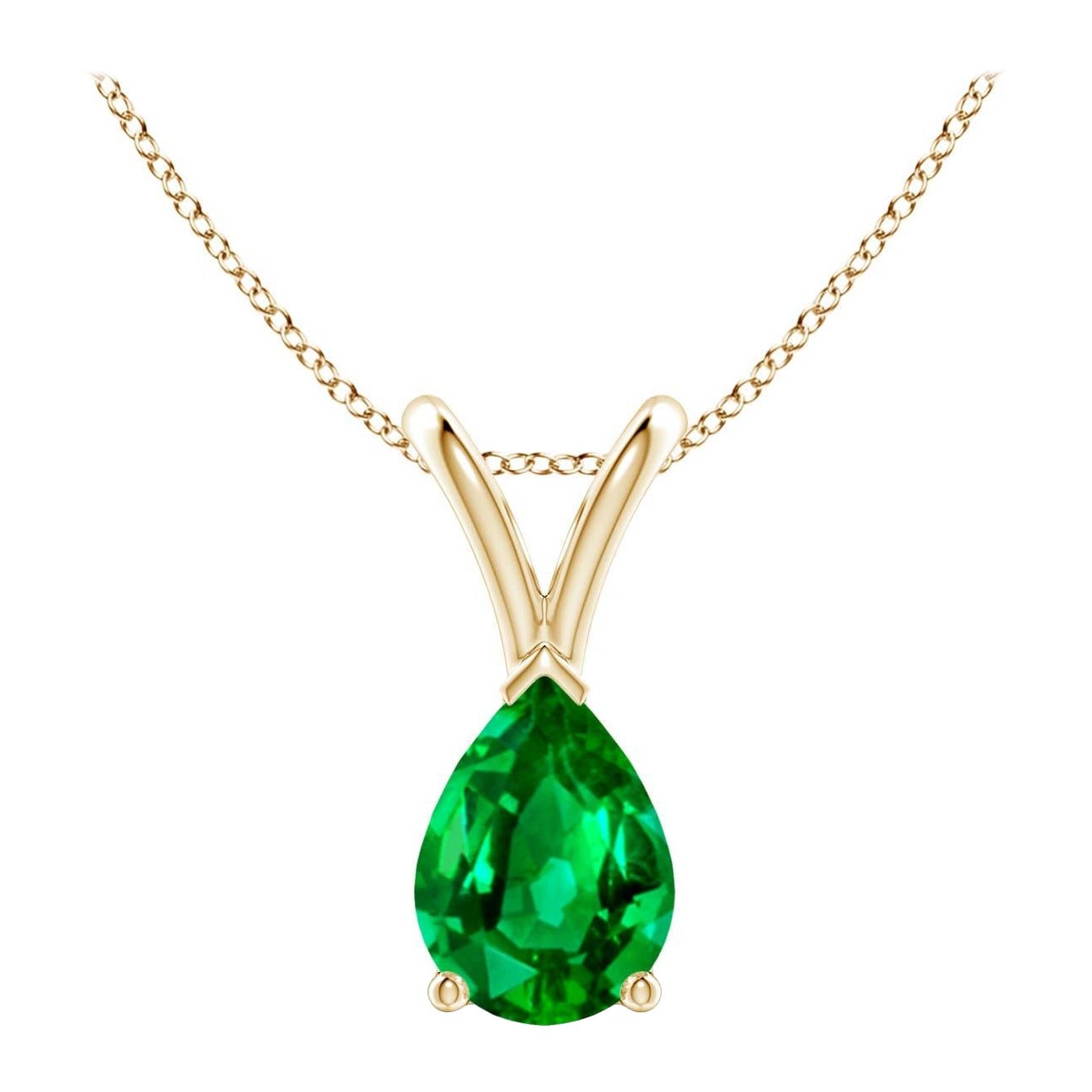 Colgante de oro amarillo de 14 quilates con solitario de esmeralda natural en forma de pera en V de Angara