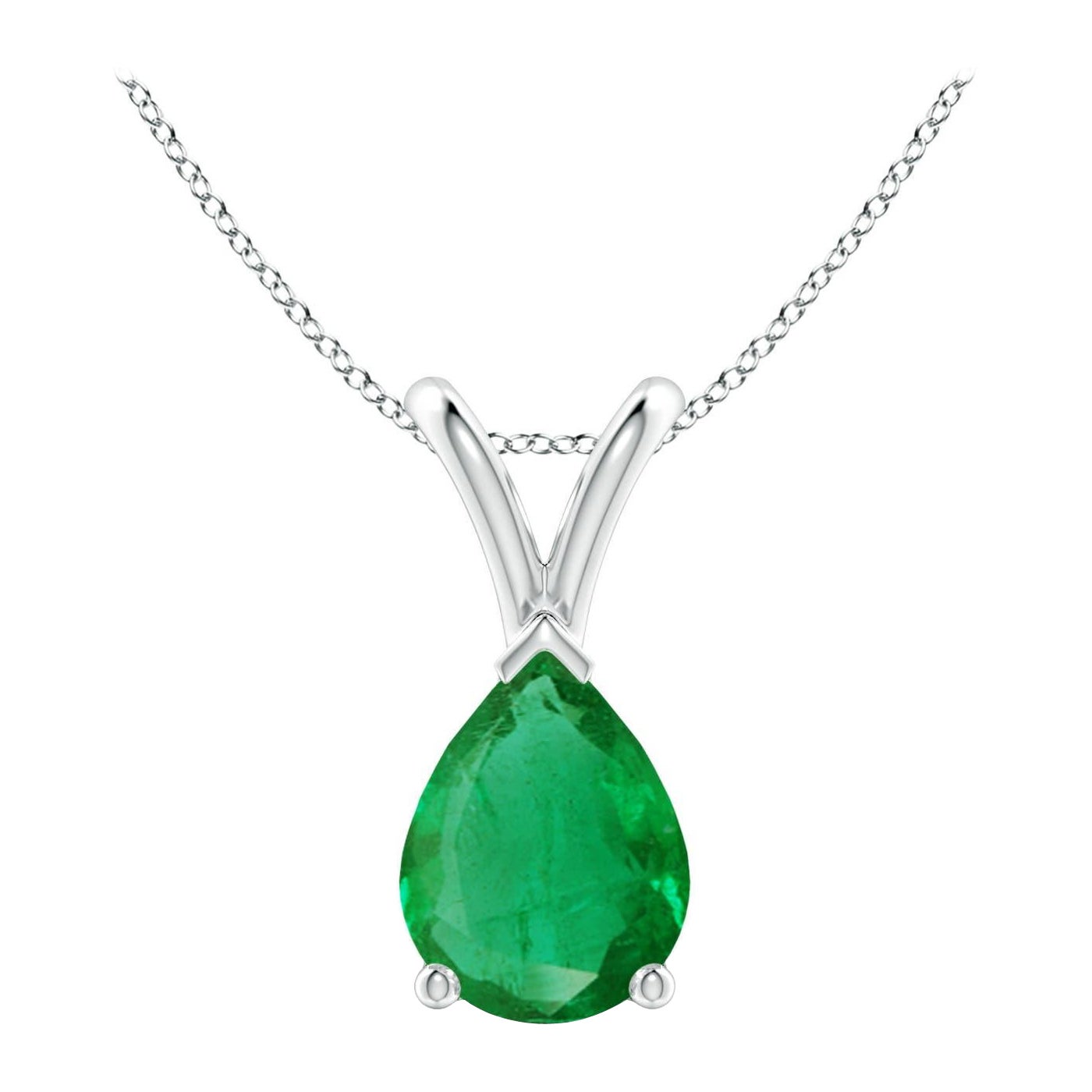 Angara Natural V-Bale Pear-Shaped Emerald Solitaire Pendant in Platinum For Sale