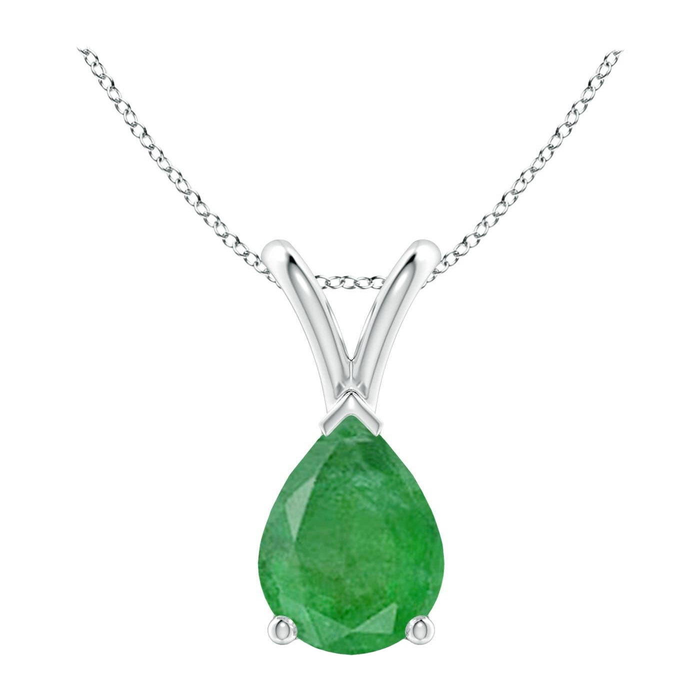 Angara Natural V-Bale Pear-Shaped Emerald Solitaire Pendant in Sterling Silver