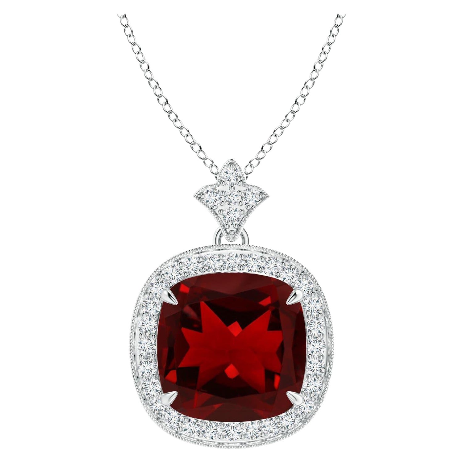 Angara Natural Vintage Inspired Cushion 4.2 ct Garnet Halo Pendant in 14K Gold en vente