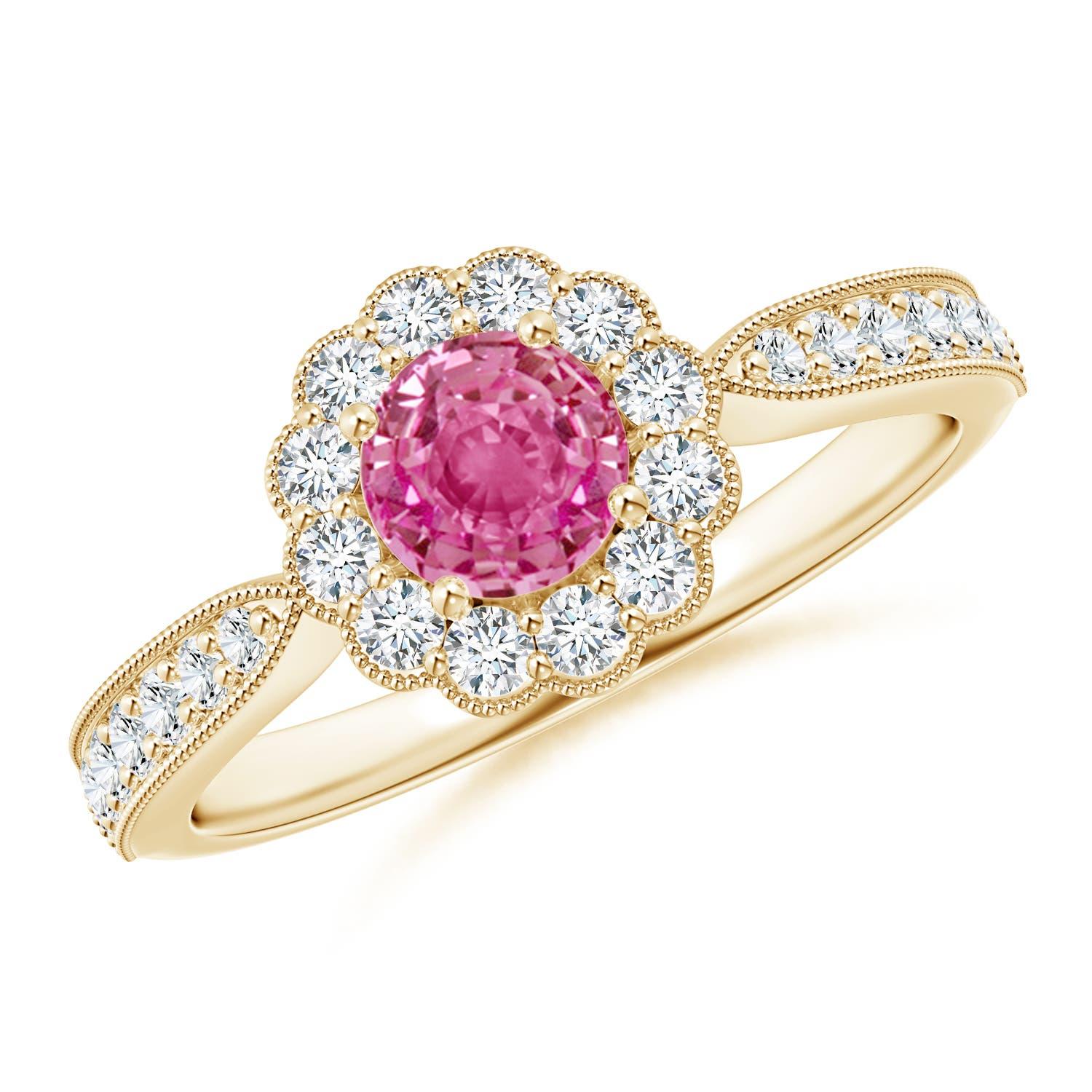 Angara natürlichen Vintage inspiriert rosa Saphir Ring mit Halo in 14K massivem Gold im Angebot 1