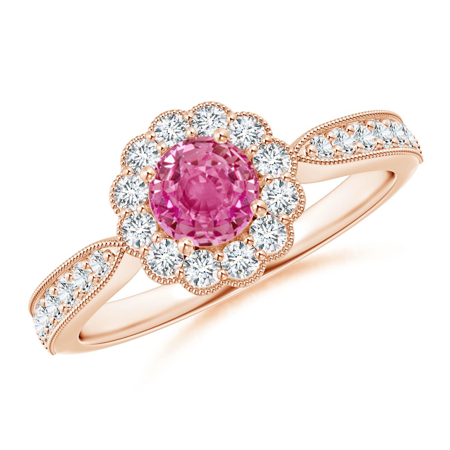 Angara natürlichen Vintage inspiriert rosa Saphir Ring mit Halo in 14K massivem Gold im Angebot 2
