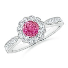 Angara natürlichen Vintage inspiriert rosa Saphir Ring mit Halo in 14K massivem Gold