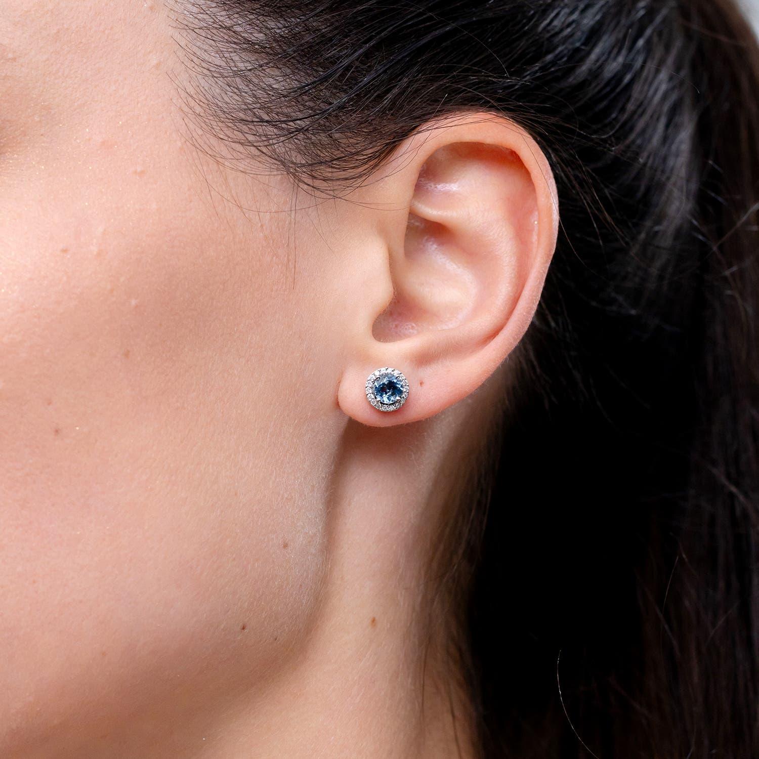 Modern Angara Natural Vintage-Inspired Round Aquamarine Halo Stud Earrings in 14K Gold For Sale