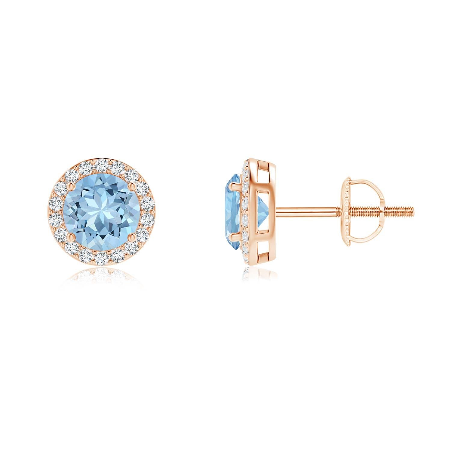 Angara Natural Vintage-Inspired Round Aquamarine Halo Stud Earrings in 14K Gold In New Condition For Sale In Los Angeles, CA