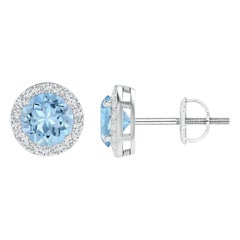 Angara Natural Vintage-Inspired Round Aquamarine Halo Stud Earrings in 14K Gold