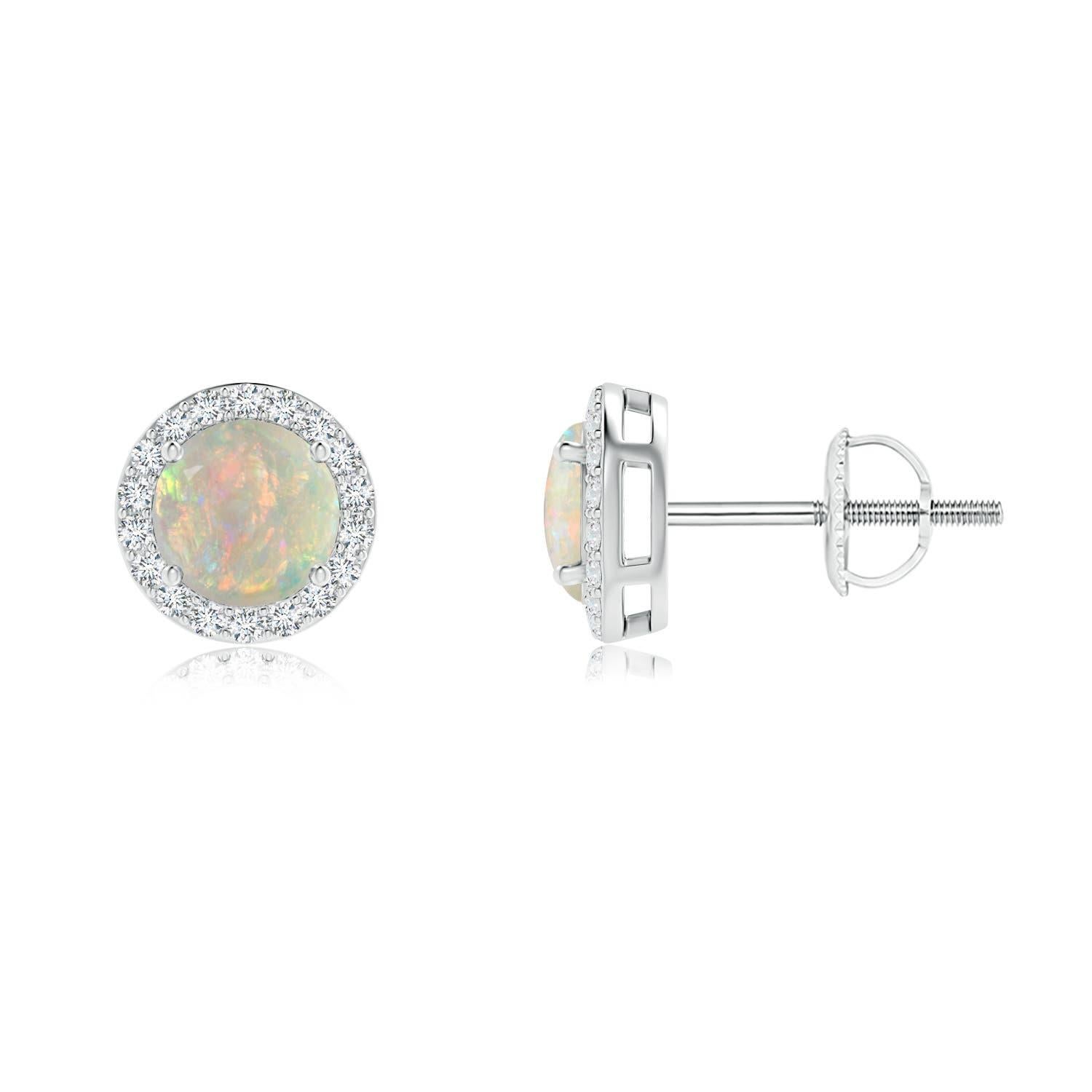 De las mujeres Pendientes de oro macizo de 14 quilates con halo de ópalo redondo inspirado en la época natural de Angara en venta