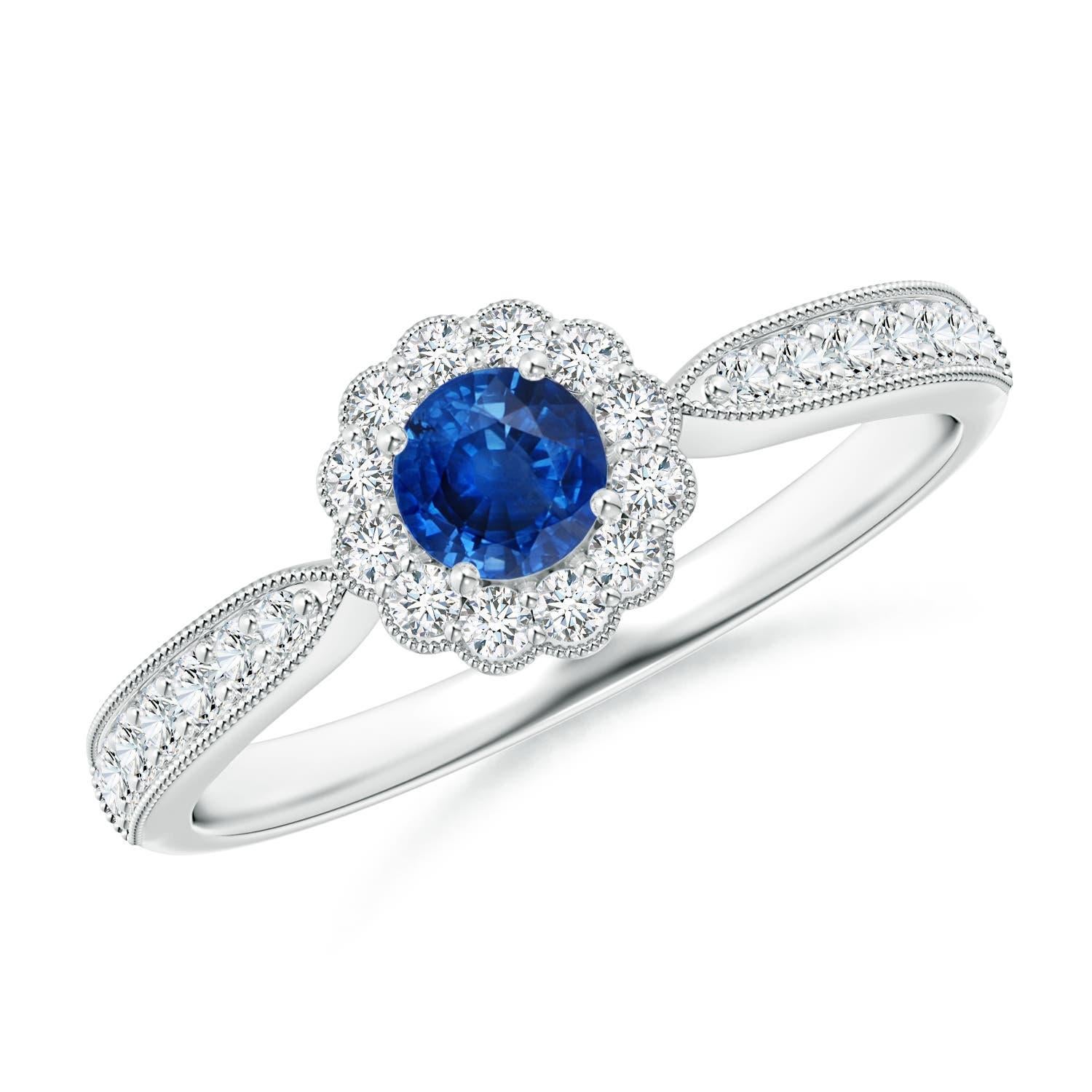 Angara Anillo de zafiro natural de inspiración vintage con halo de diamantes Oro macizo de 14 quilates en venta 1