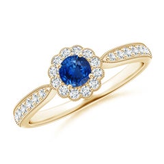 Angara Anillo de zafiro natural de inspiración vintage con halo de diamantes Oro macizo de 14 quilates
