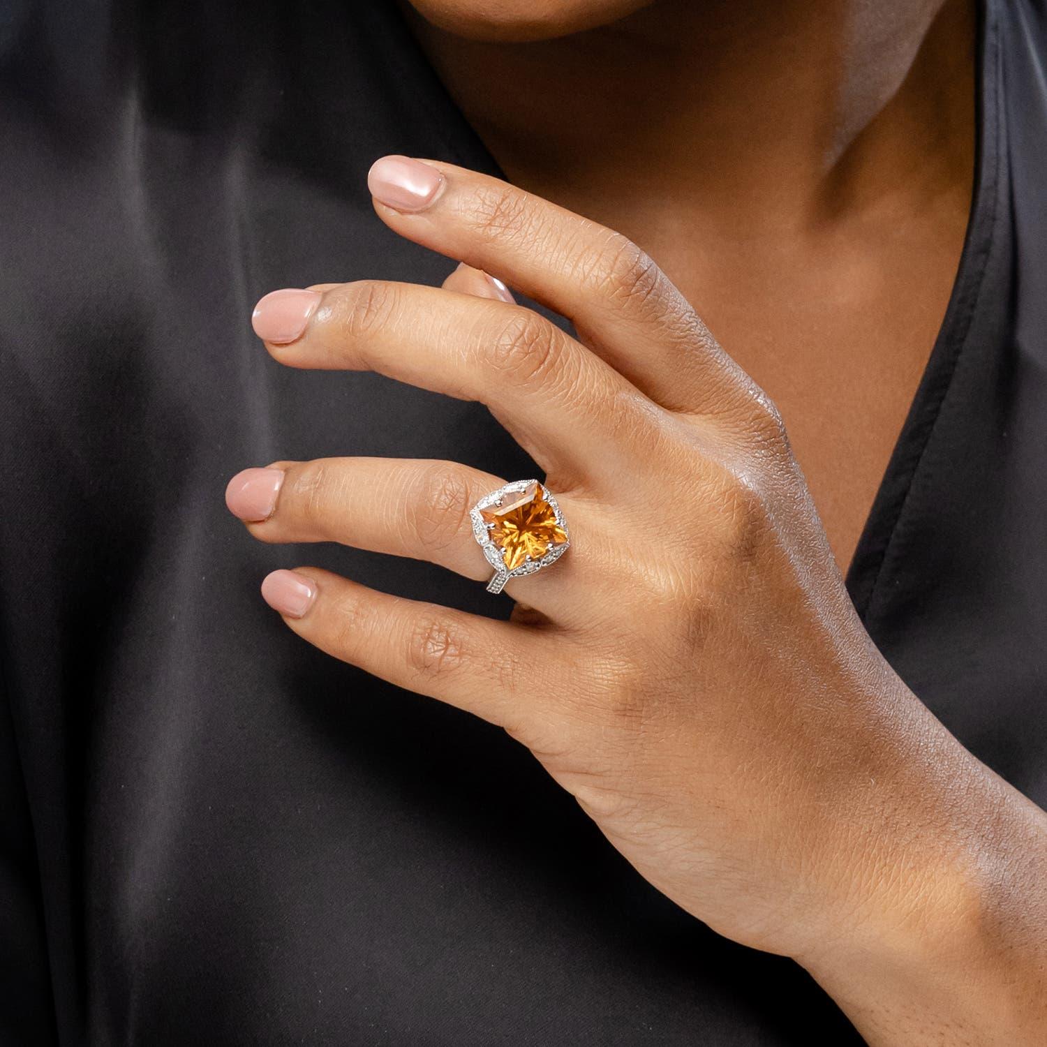 Square Cut Angara Natural Vintage Inspired Square 7 ct Citrine Ring with Diamonds 14K Gold For Sale
