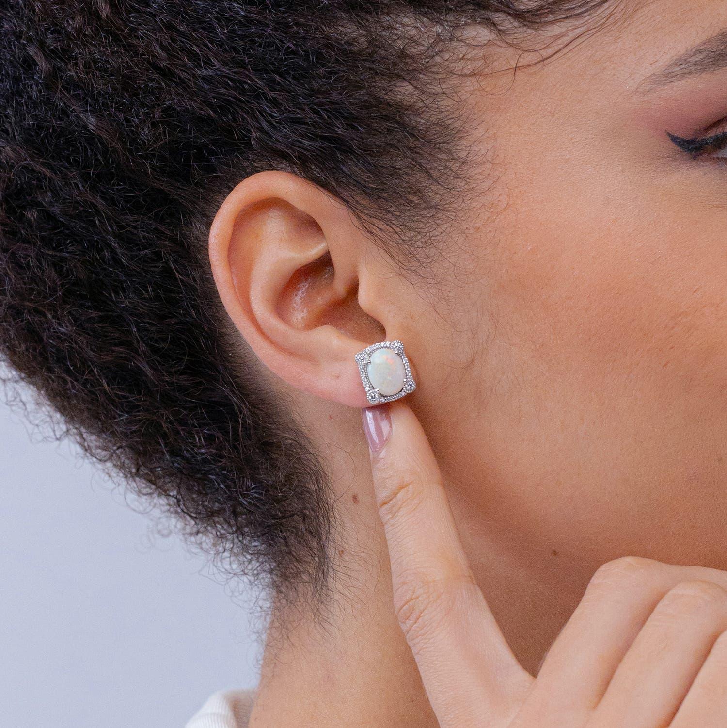 Modern Angara Natural Vintage Style 2.9ct Opal Earrings with Diamonds in 14K Solid Gold For Sale