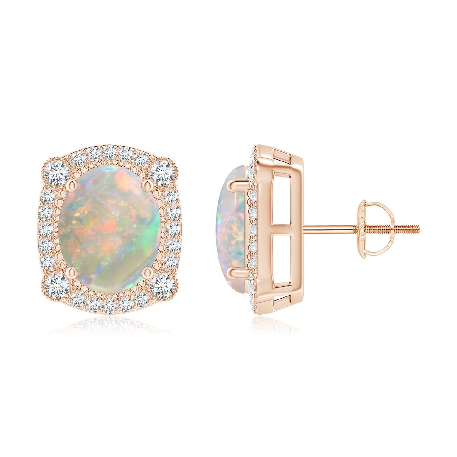 Oval Cut Angara Natural Vintage Style 2.9ct Opal Earrings with Diamonds in 14K Solid Gold For Sale
