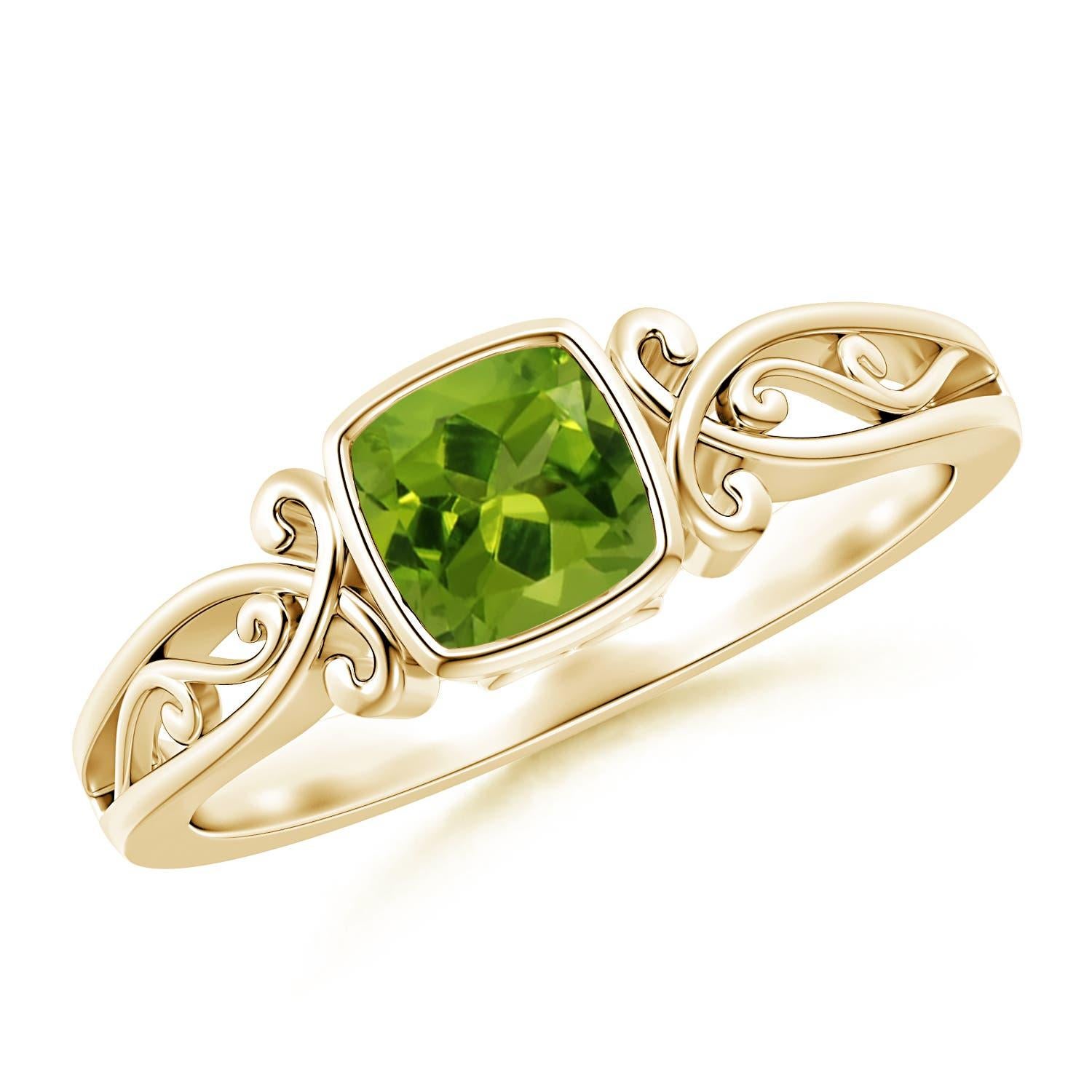 Anello solitario con peridoto a cuscino in stile vintage naturale di Angara in oro massiccio 14K in vendita 2