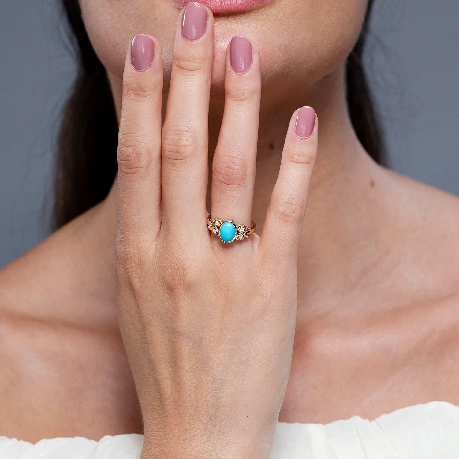 Modern Angara Natural Vintage Style Oval 1.15ct Turquoise Ring with Diamond in 14K Gold For Sale