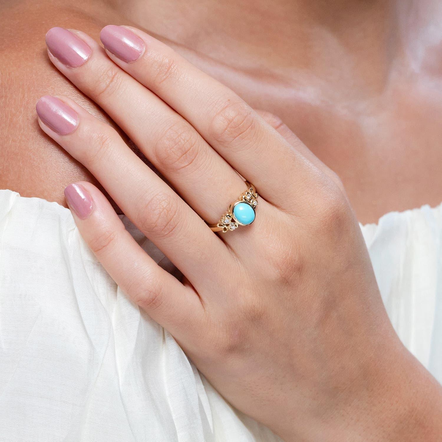Oval Cut Angara Natural Vintage Style Oval 1.15ct Turquoise Ring with Diamond in 14K Gold For Sale