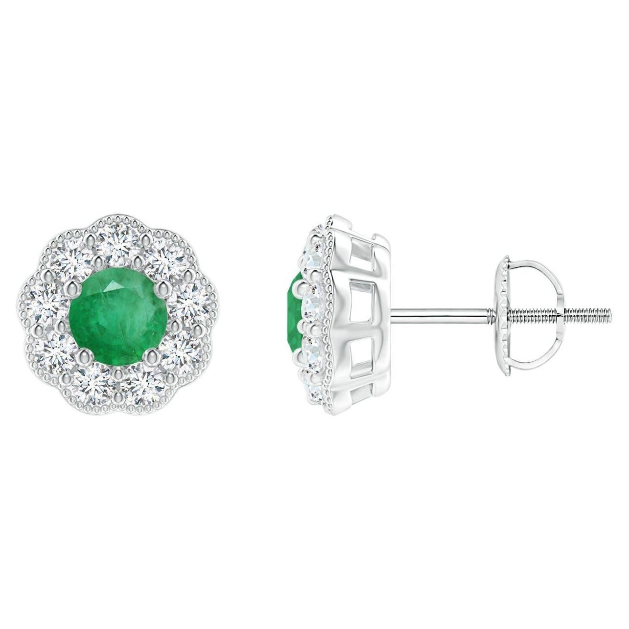 Angara Natural Vintage Style Round Emerald Halo Stud Ears in 14K Solid Gold (Boucles d'oreilles en or massif)