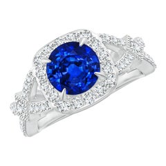 Angara Anillo Halo de Zafiro Natural Estilo Vintage con Vástago Abierto en Oro Macizo de 14K