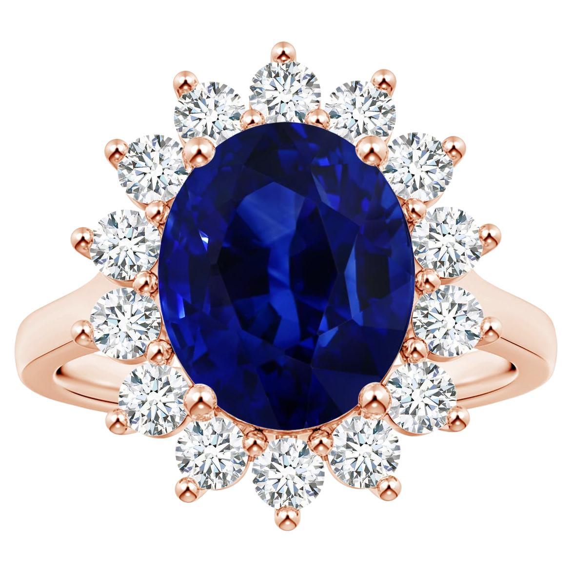 Bague en or rose avec halo de saphirs bleus certifiés GIA, inspirée de la princesse Diana