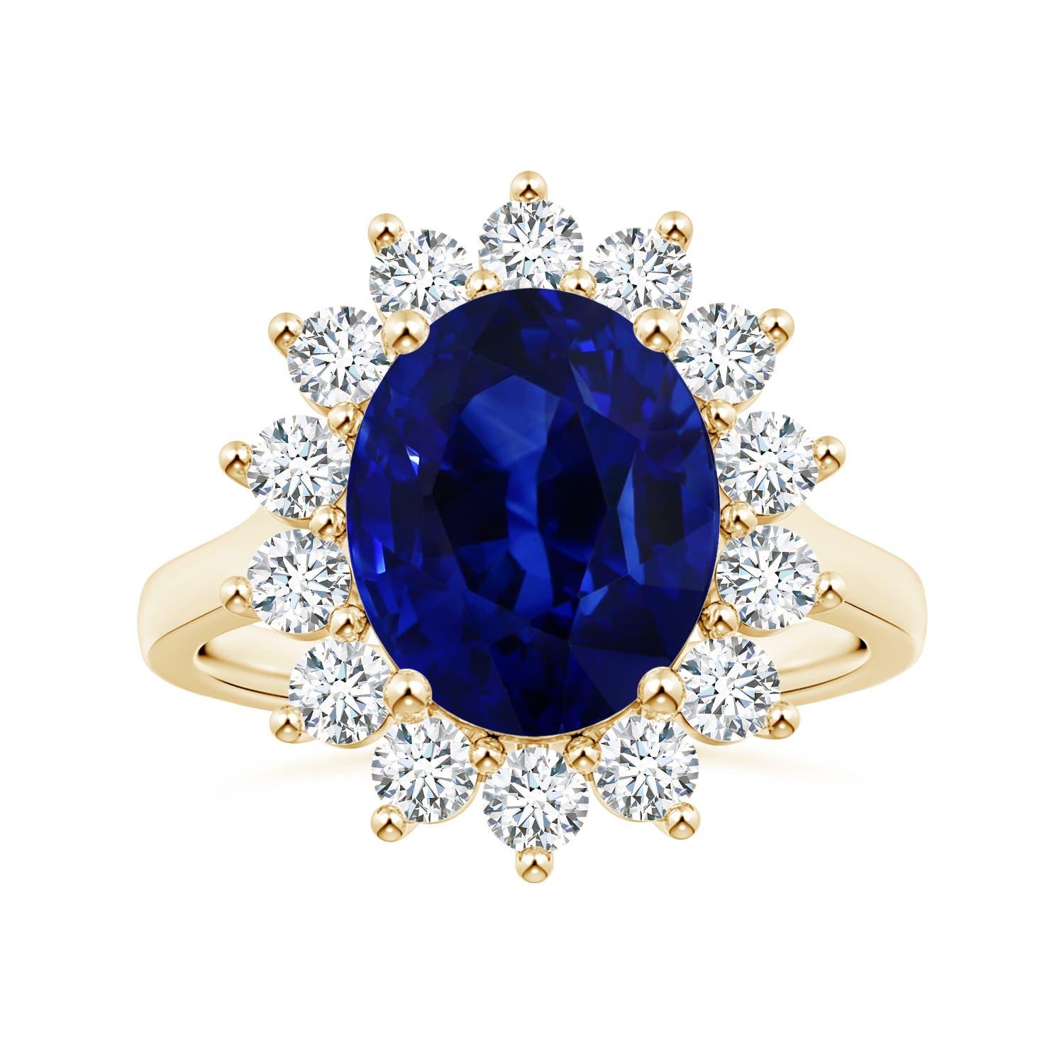 ANGARA Bague en or jaune avec halo de saphirs bleus certifiés GIA inspirée par la Princesse Diana