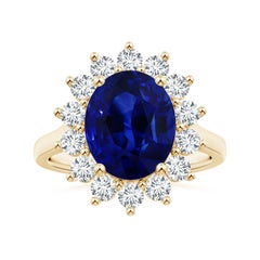ANGARA Anello in oro giallo con zaffiro blu aureolato, ispirato alla Principessa Diana e certificato GIA