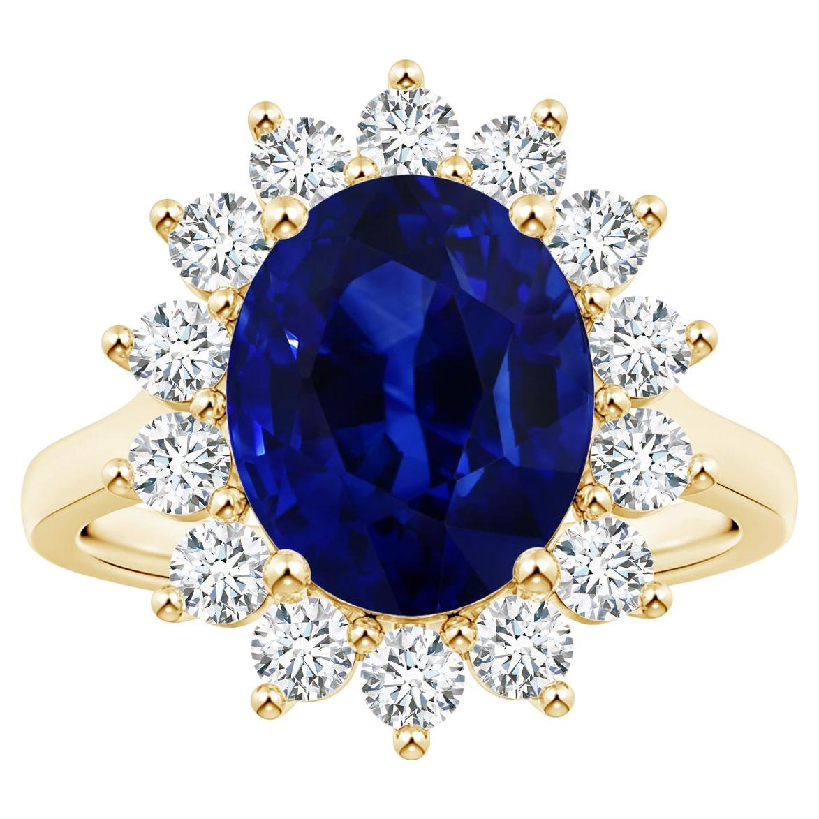 Gelbgoldring mit Gia-zertifiziertem blauem Saphir-Halo, Prinzessin Diana inspiriert