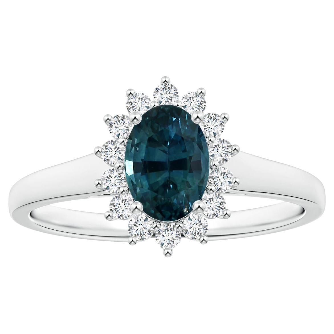 ANGARA Princess Diana Inspired GIA Certified Teal Sapphire Halo Ring in Platinum