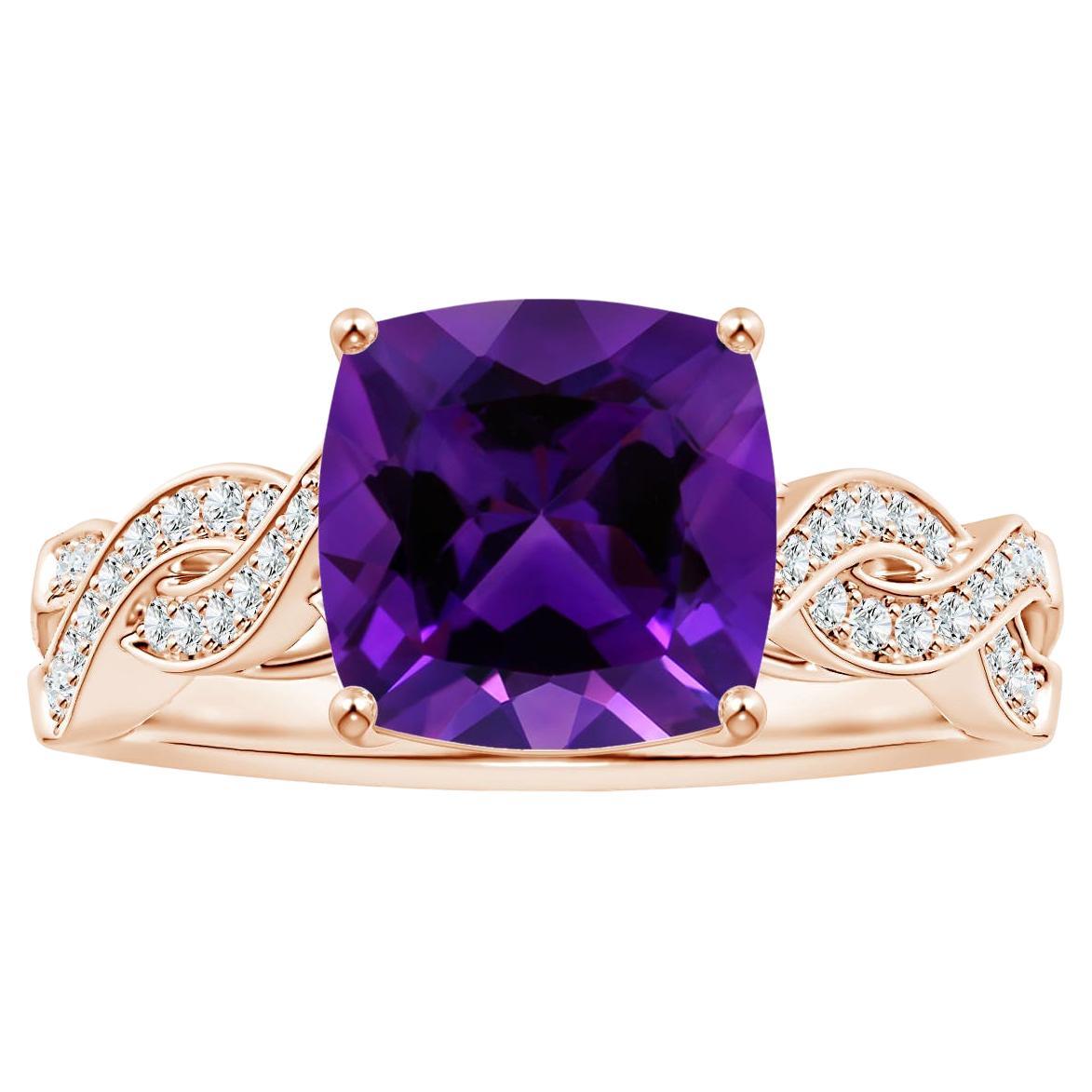 For Sale:  Angara Prong-Set Gia Certified Natural Amethyst Twist Shank Ring in Rose Gold