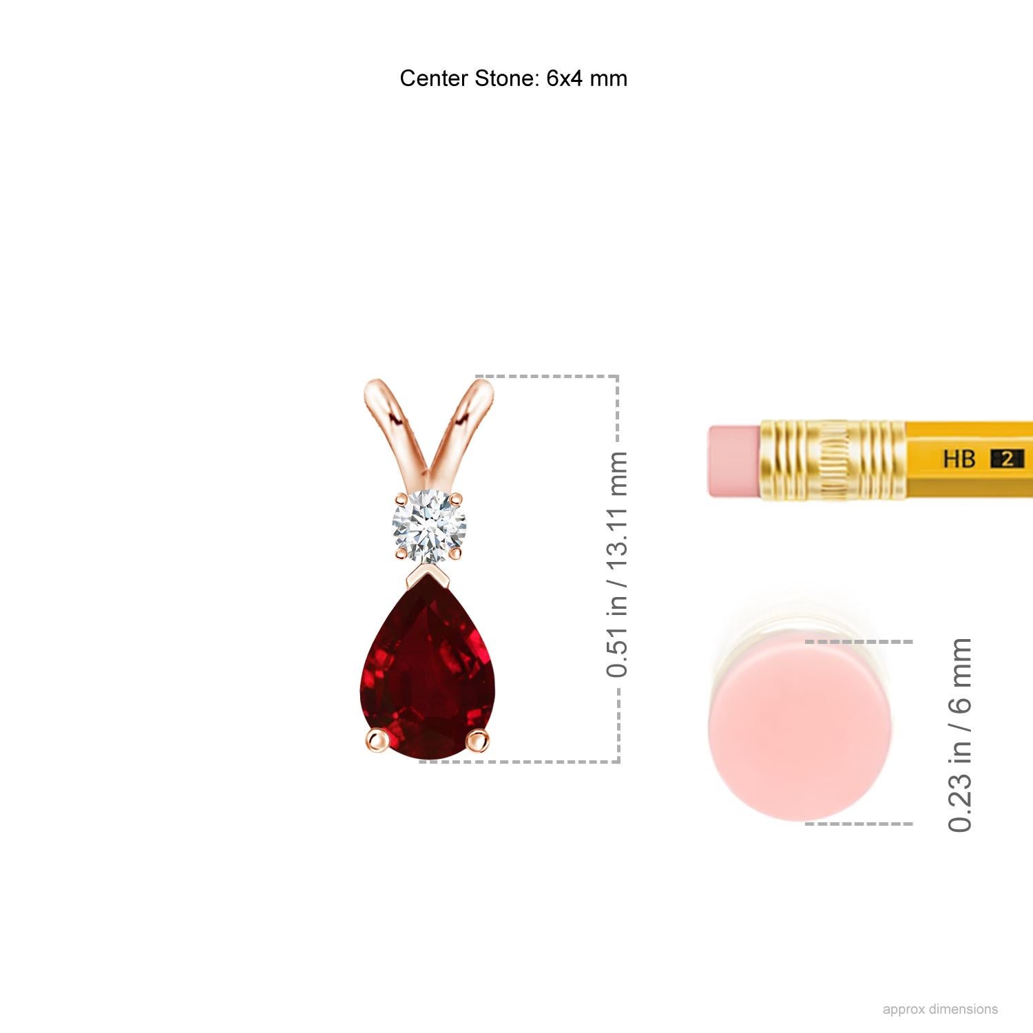 This classic solitaire pendant features a pear-shaped ruby secured in a prong setting. A brilliant round diamond sits atop the purplish red gemstone. Simple yet alluring, this ruby pendant in 14k white gold is crafted with a lustrous v-bale.<br