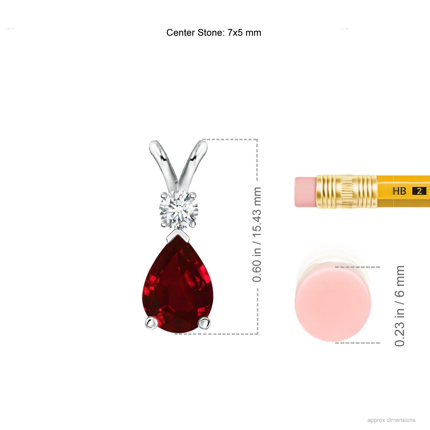 This classic solitaire pendant features a pear-shaped ruby secured in a prong setting. A brilliant round diamond sits atop the purplish red gemstone. Simple yet alluring, this ruby pendant in 14k yellow gold is crafted with a lustrous v-bale.<br