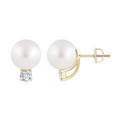 Angara - Clous d'oreilles solitaires en or massif 14 carats avec perles de culture des mers du Sud et diamants