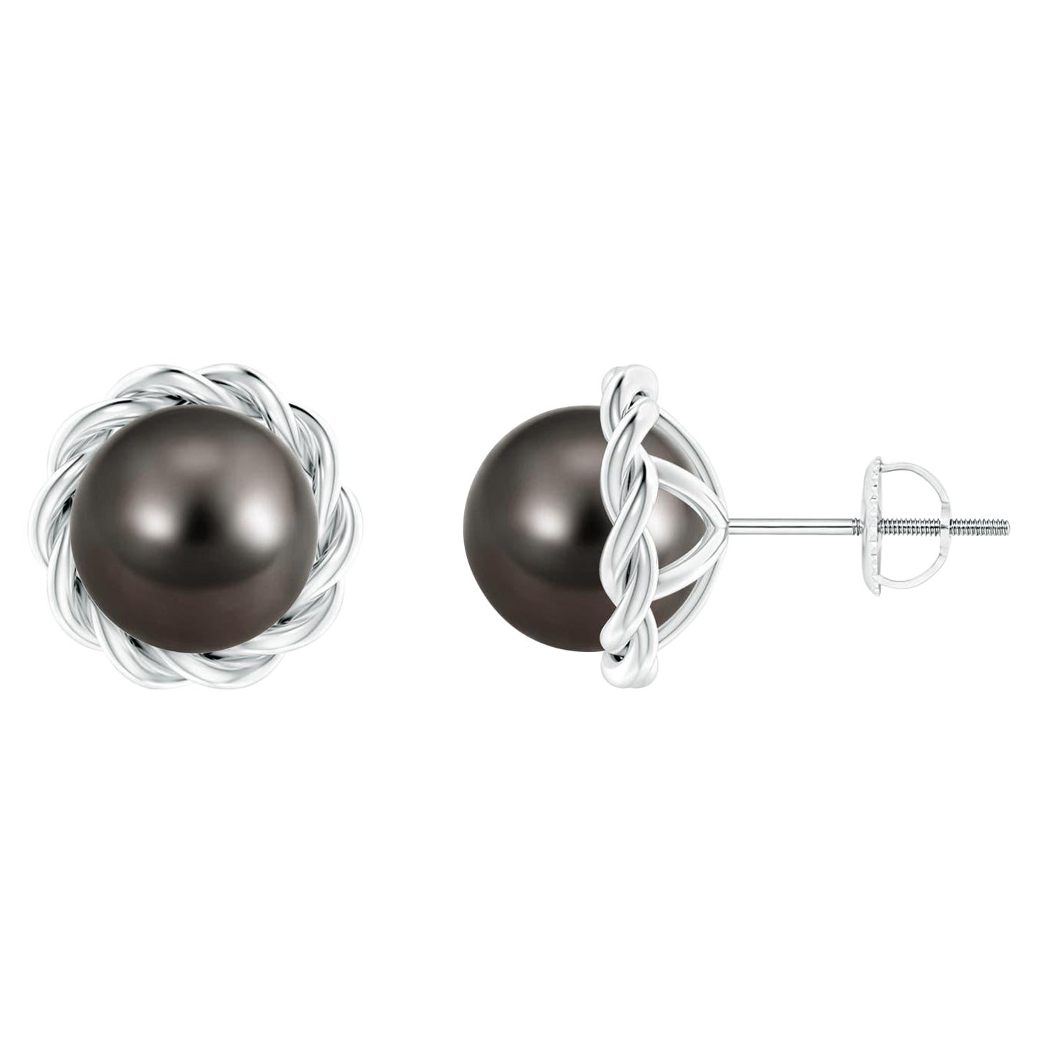 Angara - Clous d
oreilles en or massif 14K avec perles de culture de Tahiti solitaires et torsadées