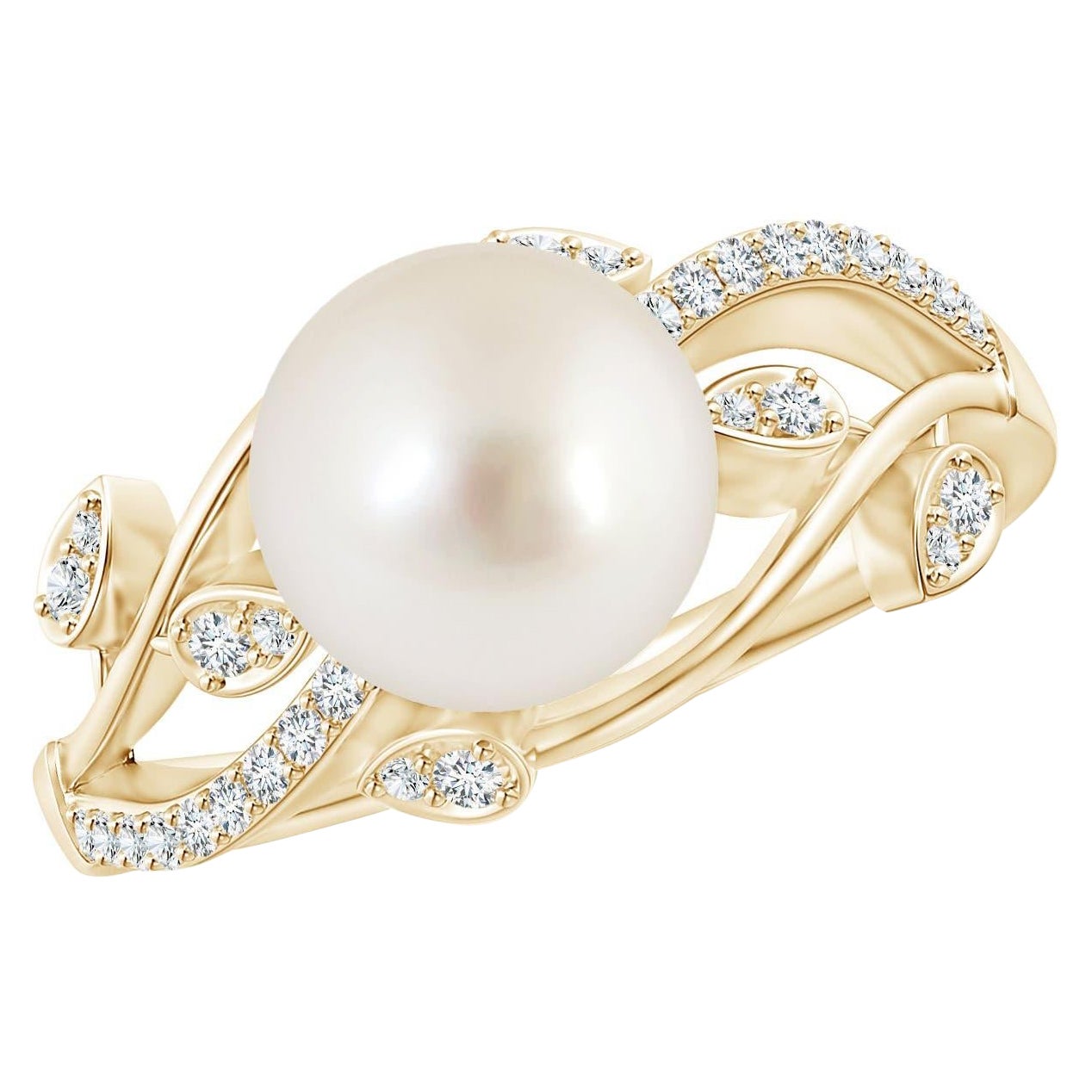 Angara Südsee-Zuchtperle & Diamant-Olivenblatt Rebe Ring in 14K massivem Gold im Angebot