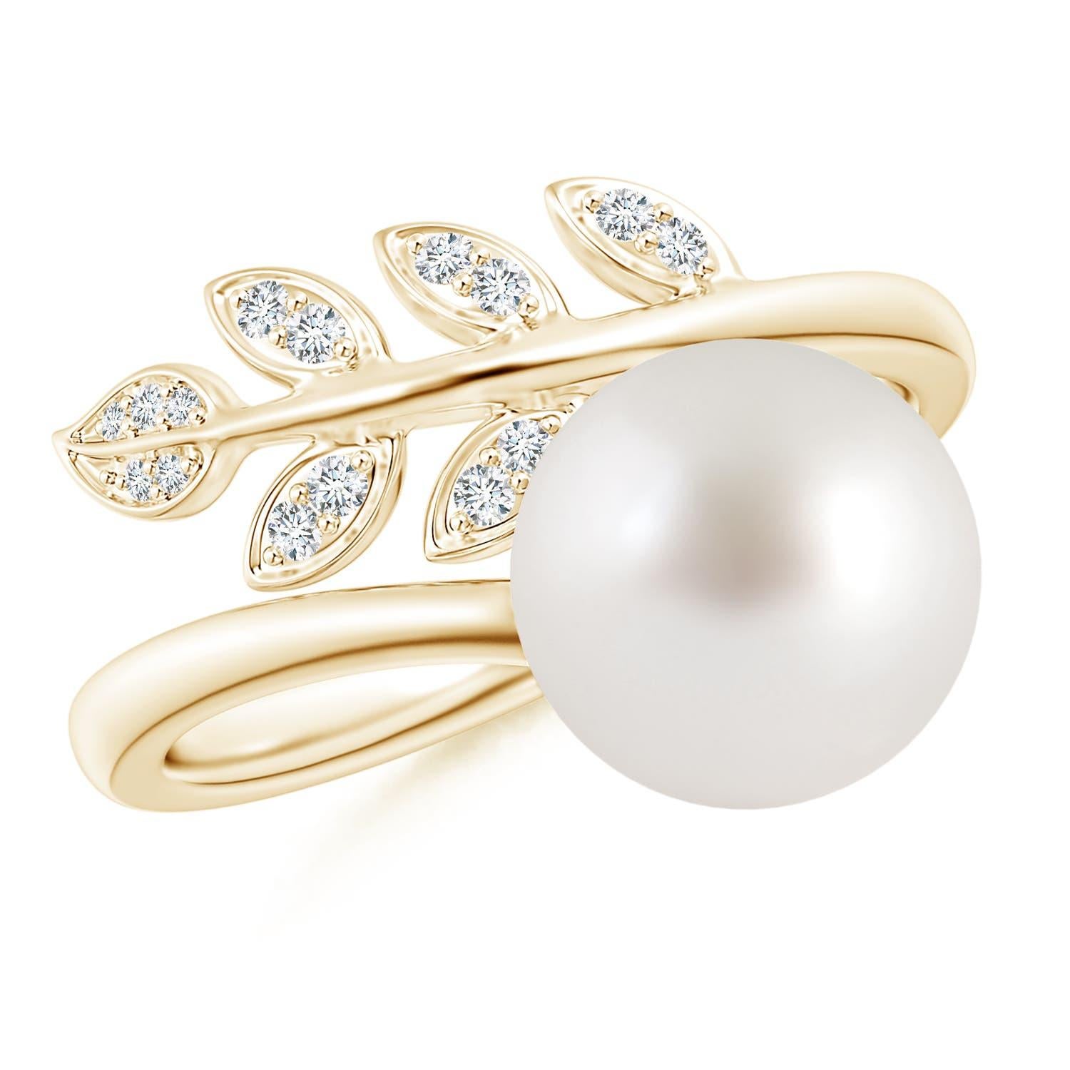 Anello Angara con perle coltivate dei mari del sud e diamanti a forma di foglia d'ulivo in oro massiccio 14 carati in vendita 2