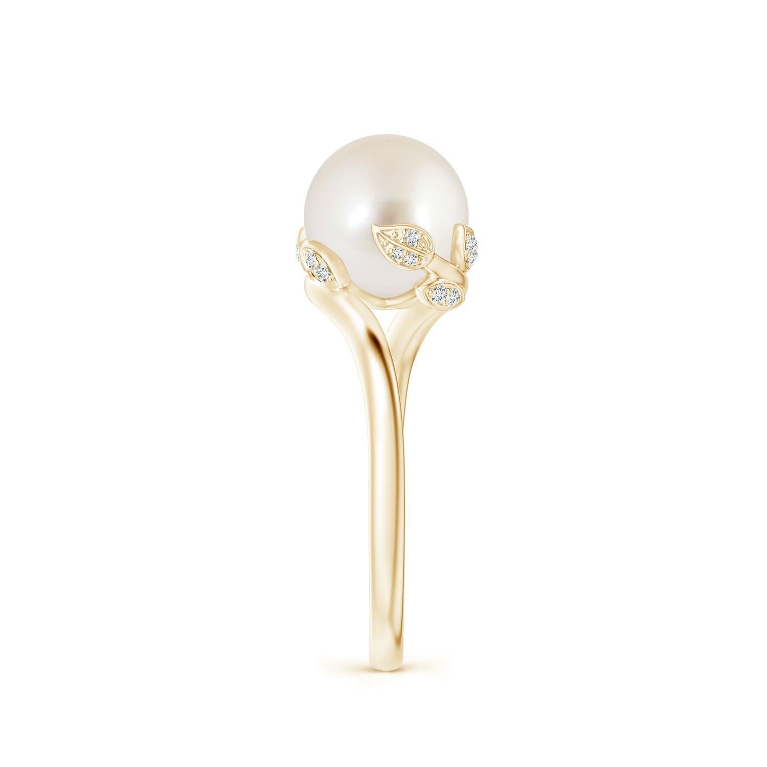 Round Cut Angara South Sea Cultured Pearl Olive Leaf Bypass Ring in 14K Solid Gold For Sale