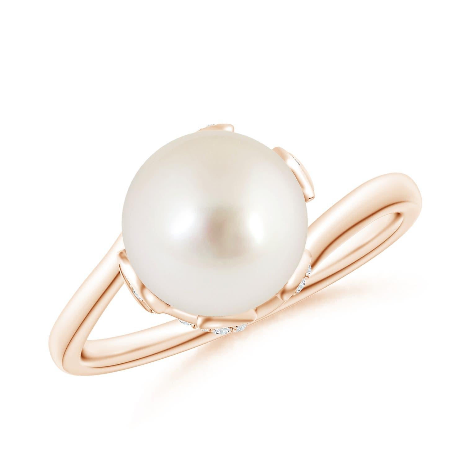 Angara South Sea Cultured Pearl Olive Leaf Bypass Ring in 14K Solid Gold For Sale 2