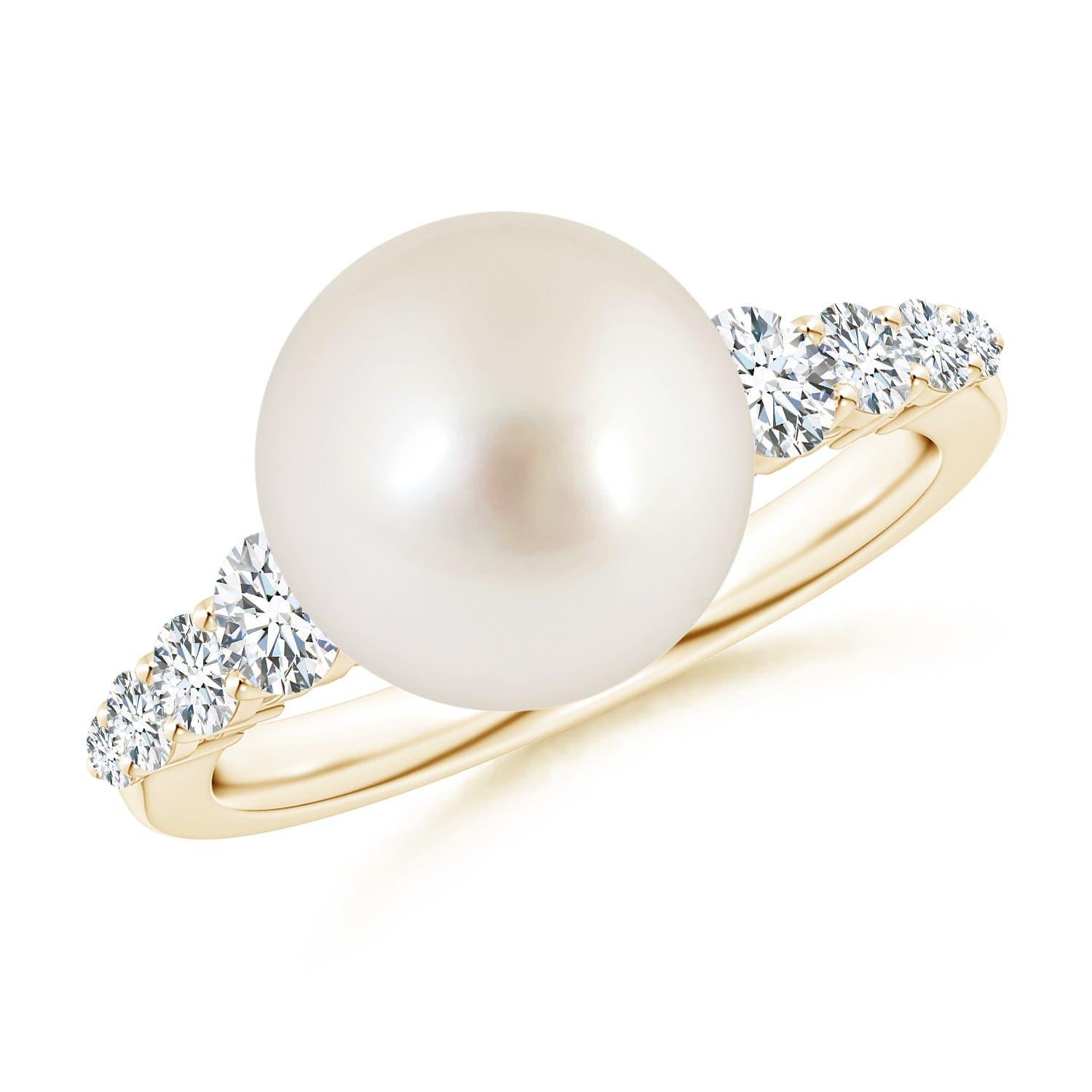Angara South Sea Cultured Pearl Ring with Graduated Diamonds in 14K Solid Gold For Sale 1