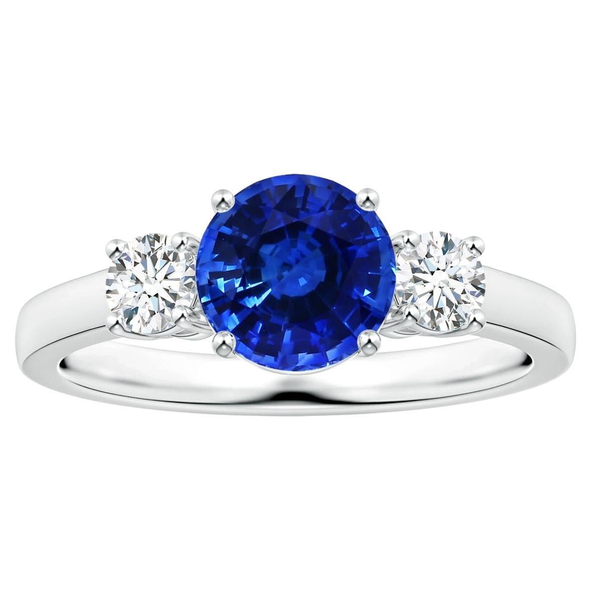 Angara Three Stone GIA Certified Blue Sapphire Ring in Platinum with Diamonds
