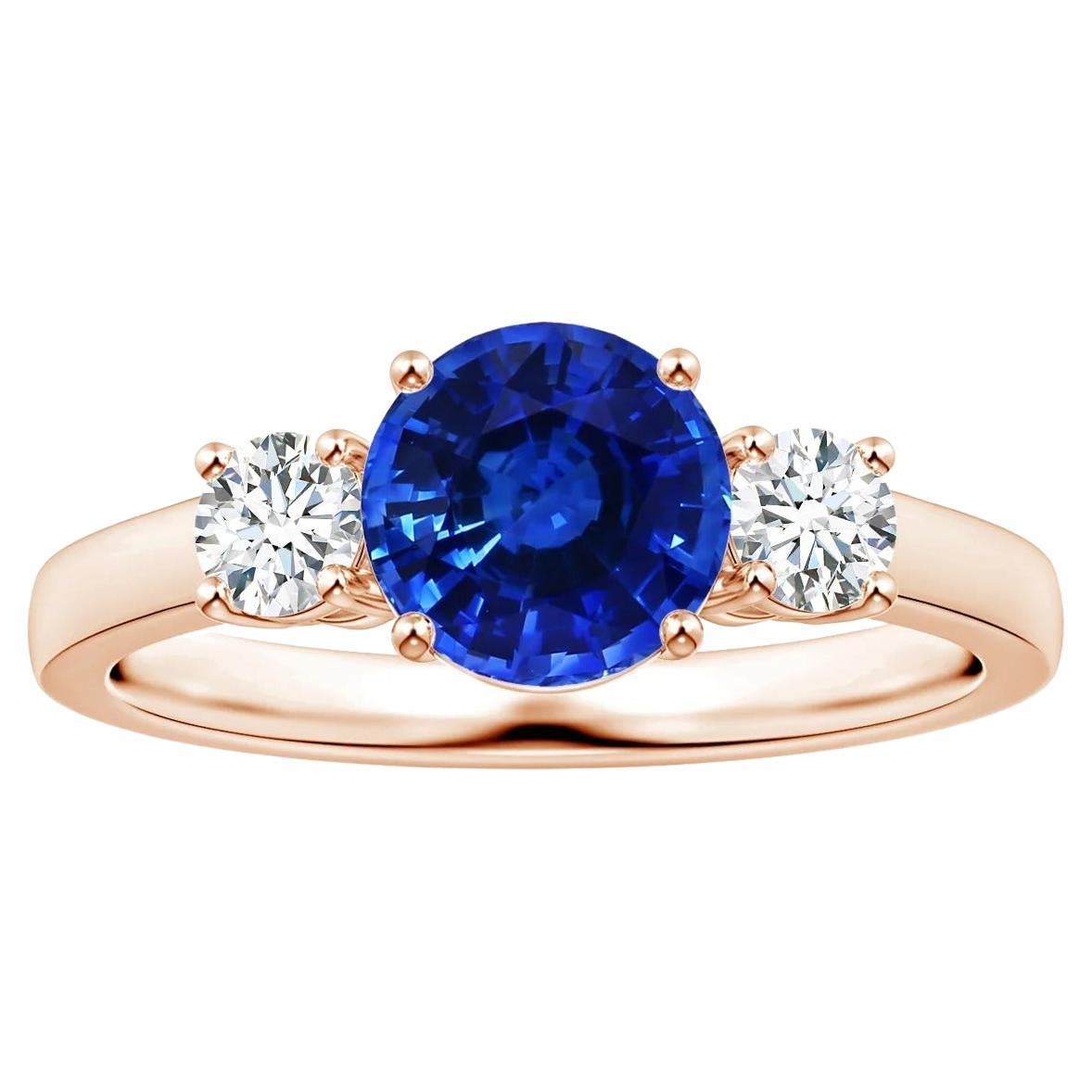 For Sale:  Angara Three Stone Gia Certified Blue Sapphire Ring in Rose Gold with Diamonds