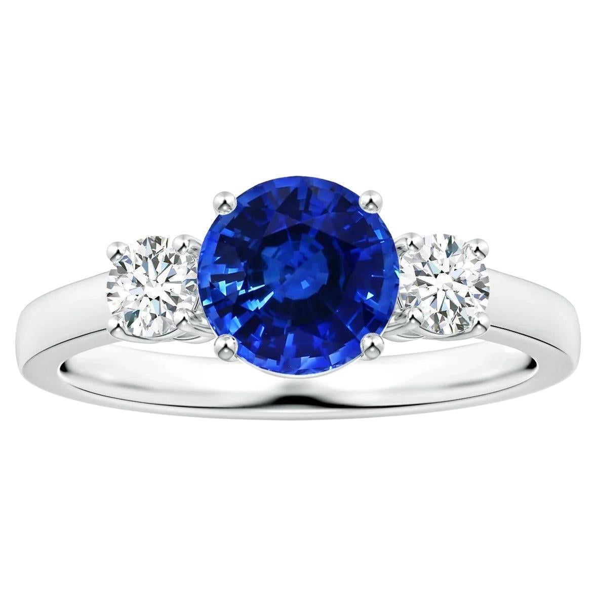 Angara Three Stone Gia Certified Blue Sapphire Ring in White Gold with Diamonds