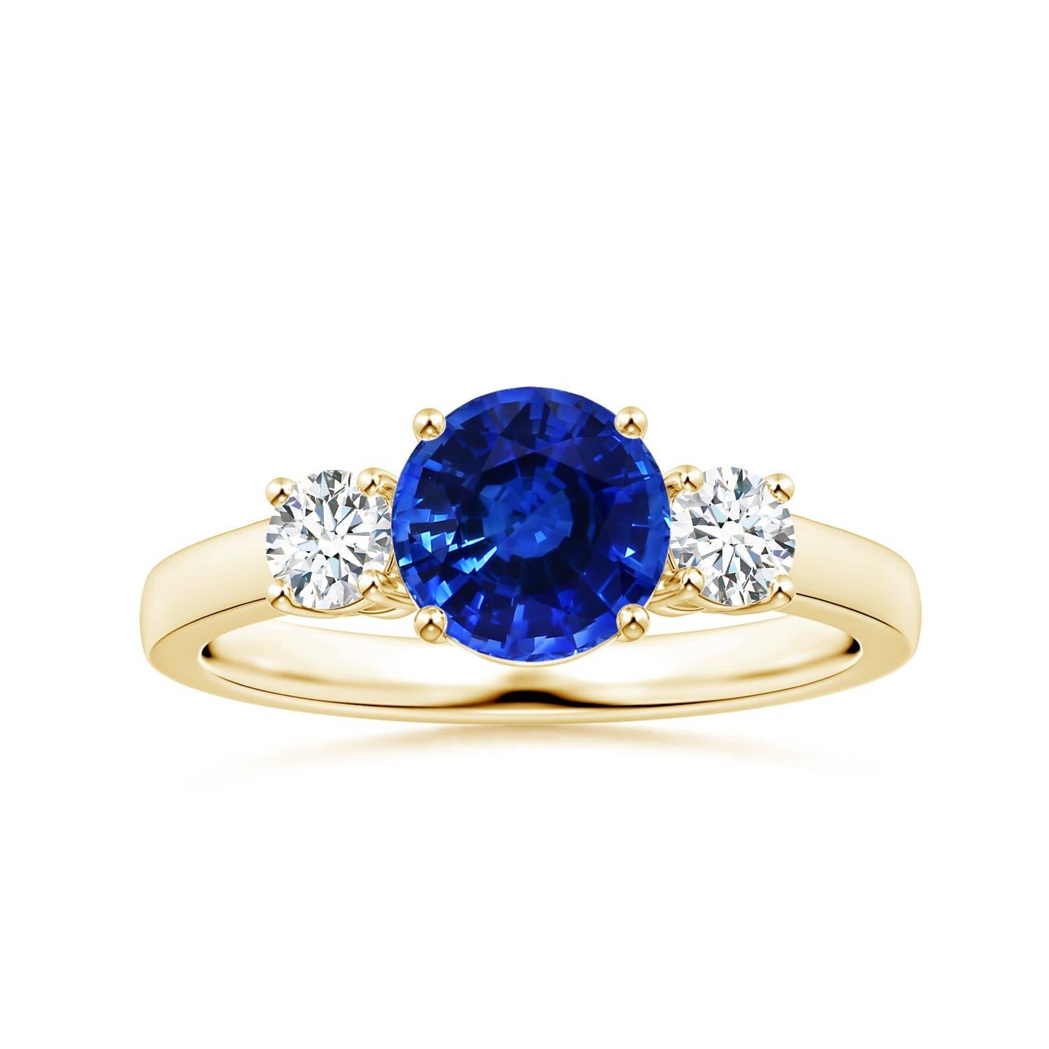 For Sale:  ANGARA Three stone GIA Certified Blue Sapphire Ring in Yellow Gold with Diamonds