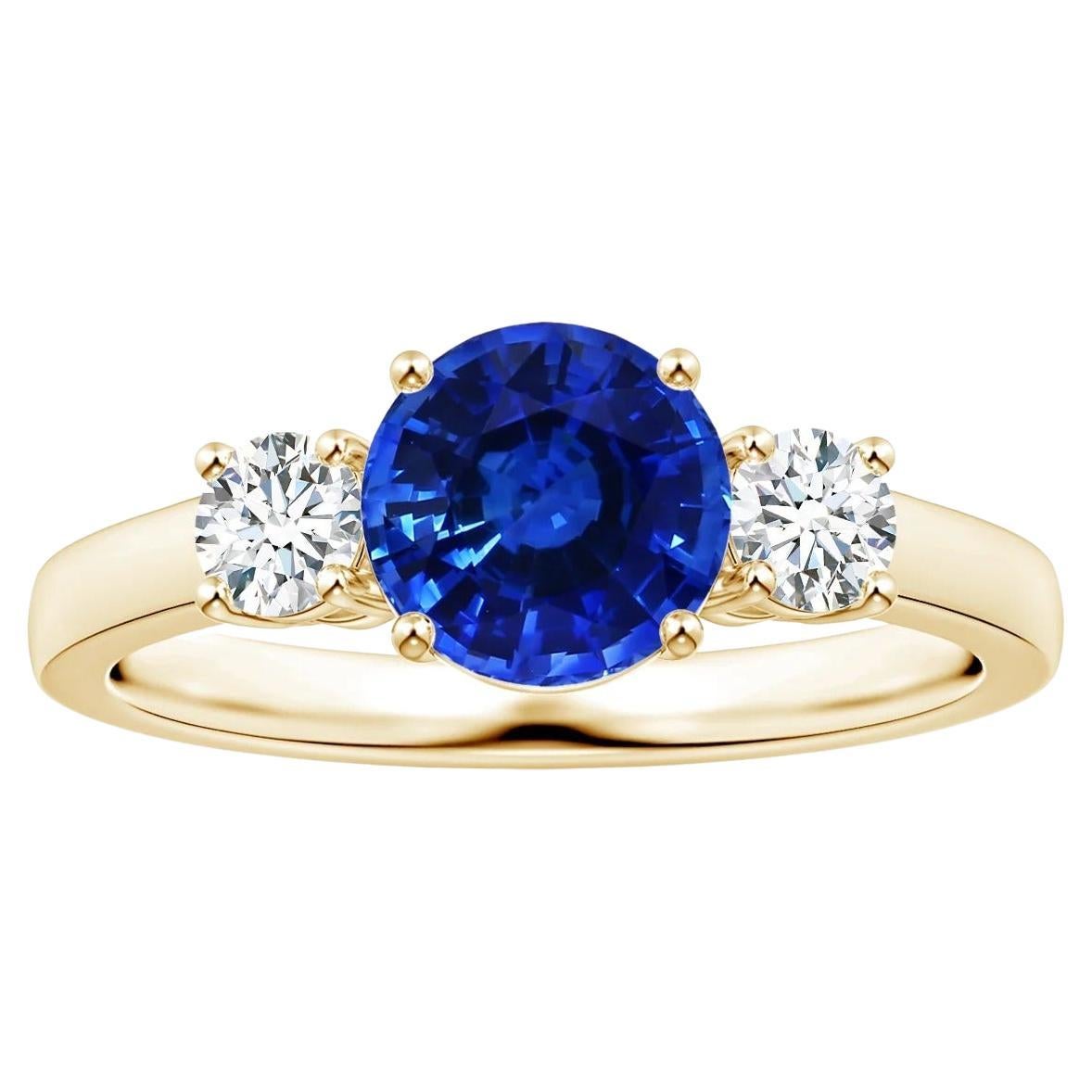 Angara Three Stone Gia Certified Blue Sapphire Ring in Yellow Gold with Diamonds