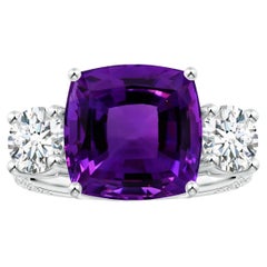 Angara Three Stone GIA Certified Cushion Amethyst Ring in Platinum