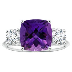 Angara Three Stone Gia Certified Cushion Amethyst Ring in Platinum with Diamonds