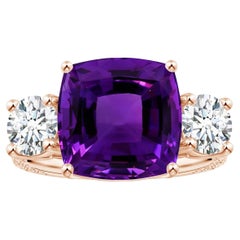 Angara Three Stone GIA Certified Cushion Amethyst Ring in Rose Gold