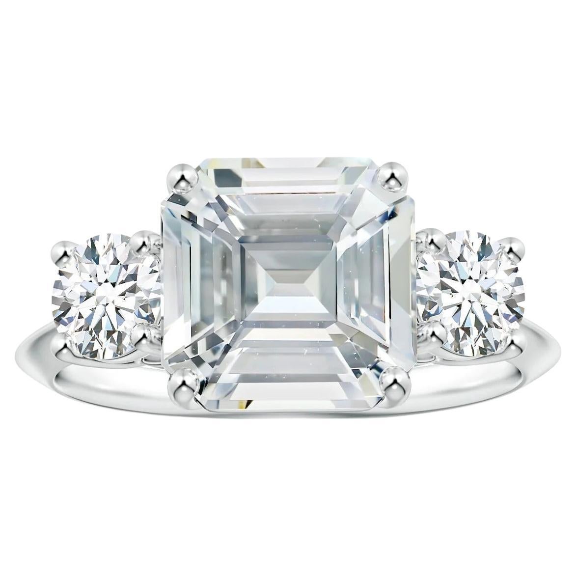 ANGARA Three Stone GIA Certified Emerald-Cut White Sapphire Ring in White Gold